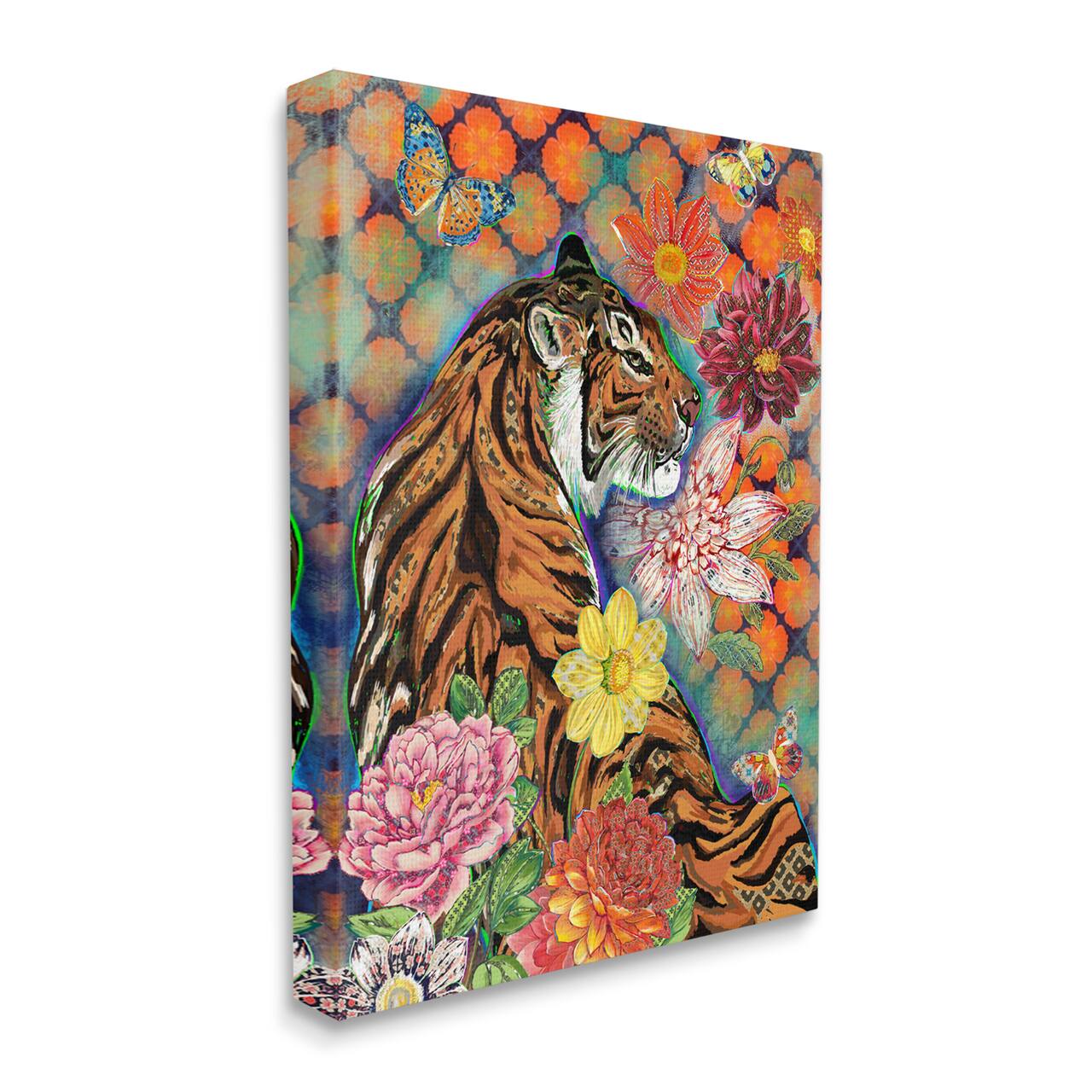 Stupell Industries Jungle Tiger Cat Over Orange Arabesque Floral Pattern Canvas Wall Art